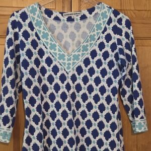 Barbara‎ Gerwit Dress S Navy/Aqua/White V Neck 95% Cotton 5% Spandex